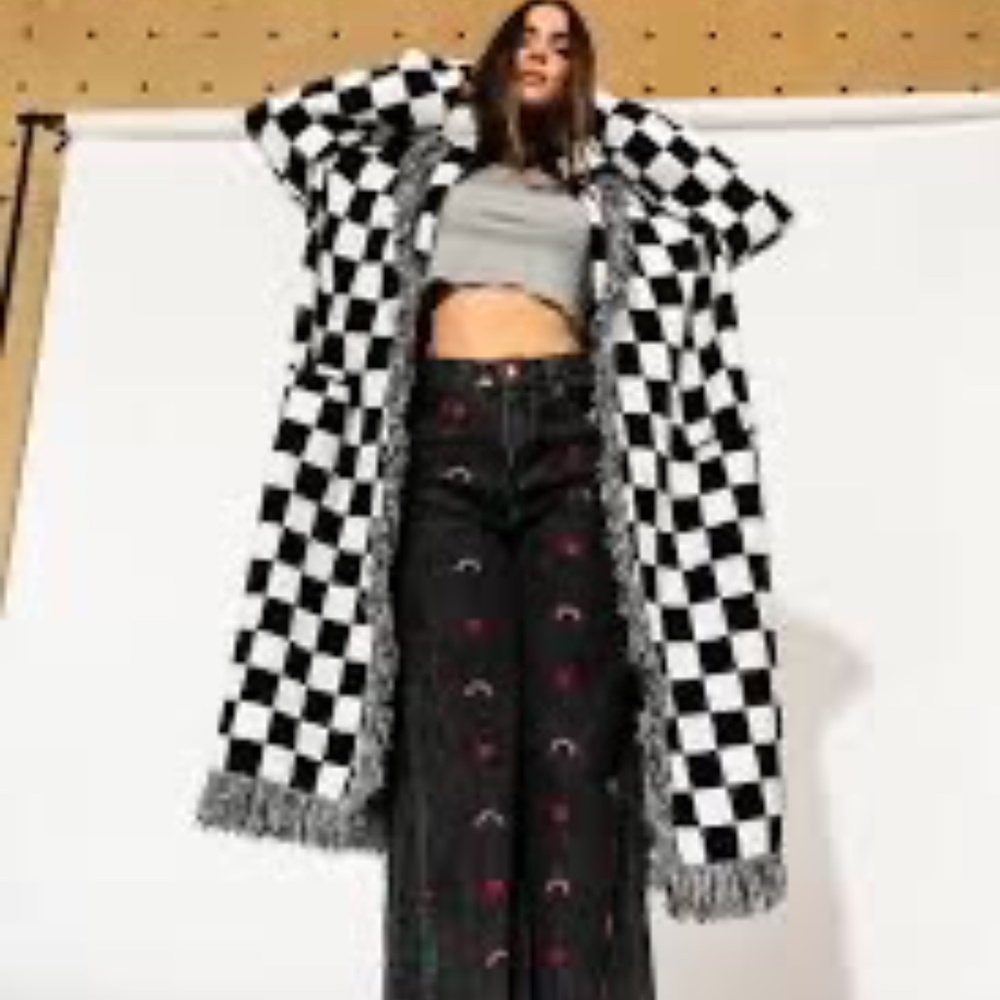 NWT Dressed in LALA Luxe Fringe Blanket Cardigan, black/white, S/M ($148)